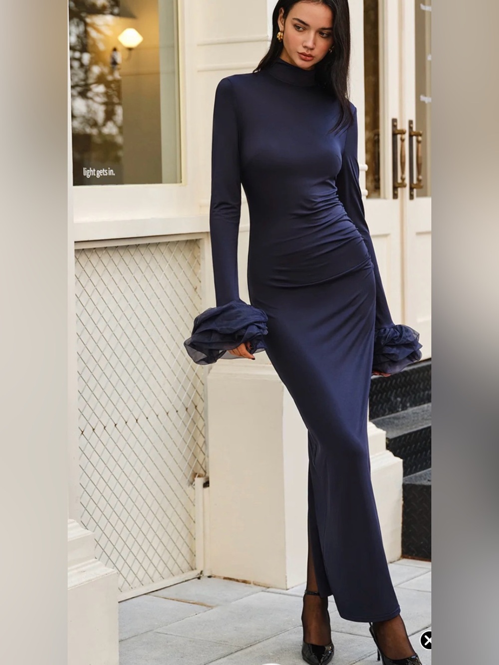 Commense - Elegant Ruffle Split Jersey Long Dress Size S